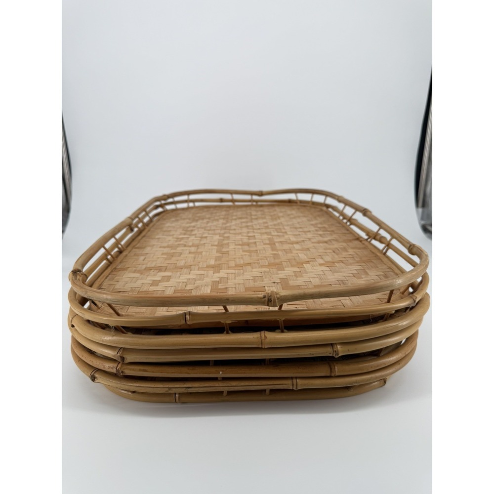Set of 6 Vintage Bamboo Wicker Rattan Serving Trays Mid Century Japanese Wares - Picture 4 of 16